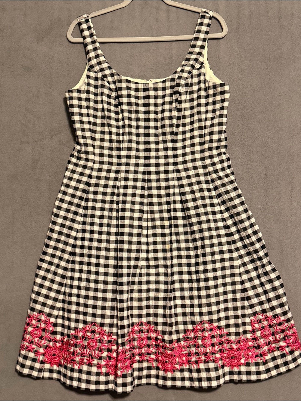 Nine West Black & White Gingham Dress Pink Floral Embroidery Ham Size 12 A line